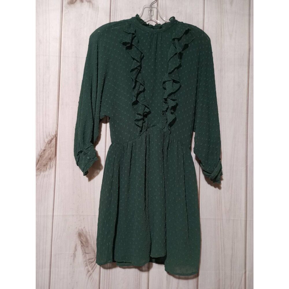 Zara Dress Ladies Extra Small Green Sheer Shirt Long Sleeve Mini Textured